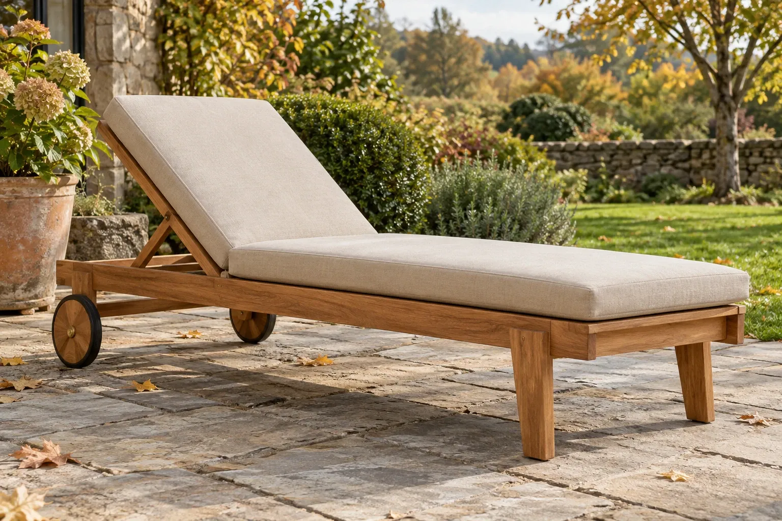 Houten ligbed met beige kussen op stenen terras bij groen tuinlandschap, herfstlicht