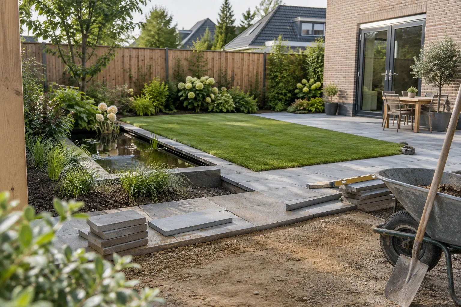 Achtertuin in aanleg met grasveld, vijver, bestrating, kruiwagen en schep