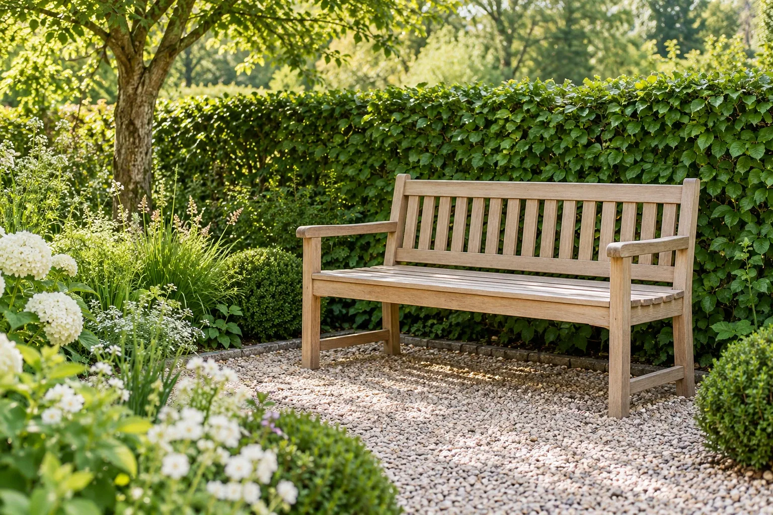 Houten tuinbank op grindpad onder boom, omringd door groene haag en bloeiende planten