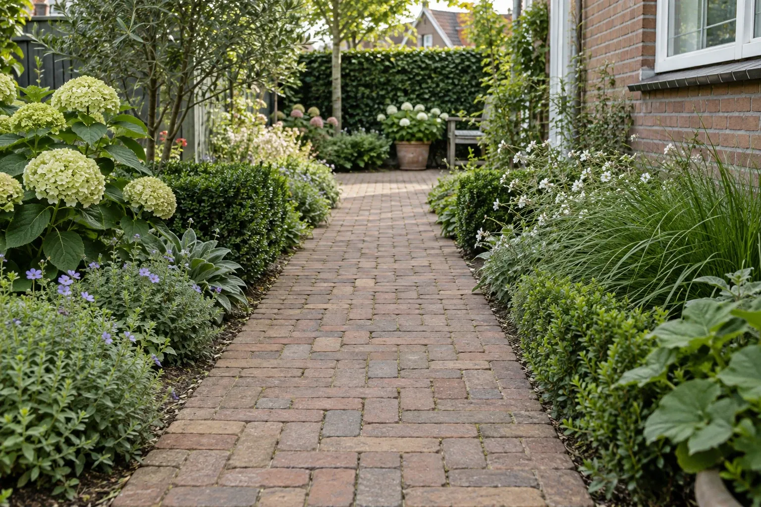 Bakstenen tuinpad tussen groene planten en struiken langs gevel naar zitplek