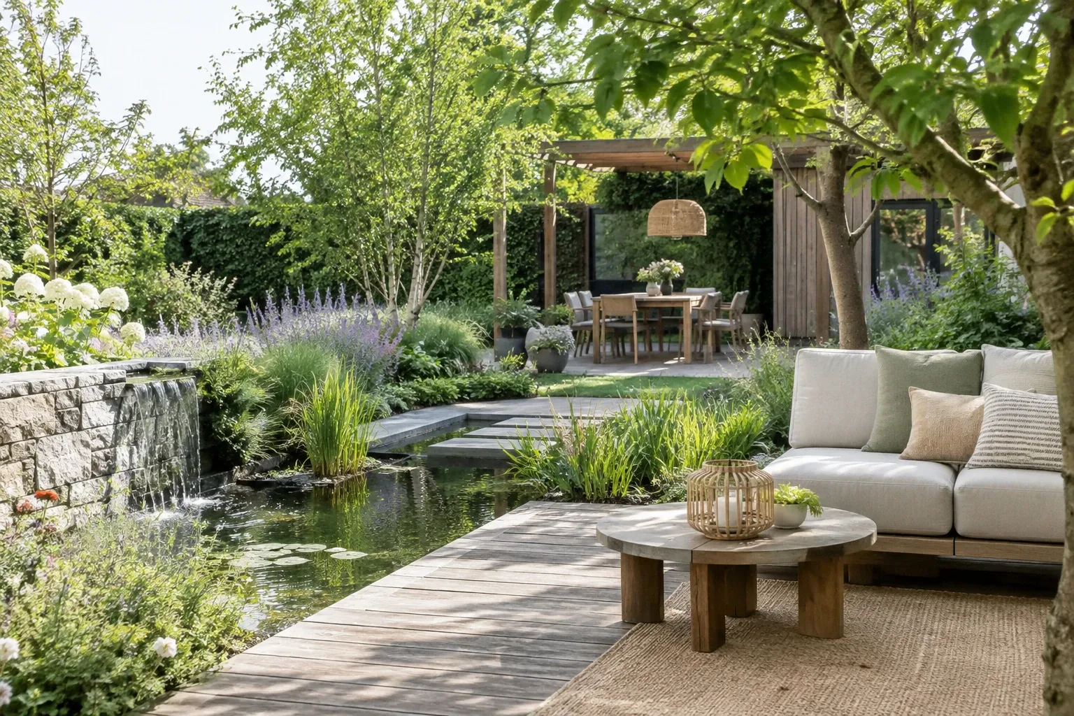 Terras met loungebank, houten tafel, vijver met waterpartij en groene borders