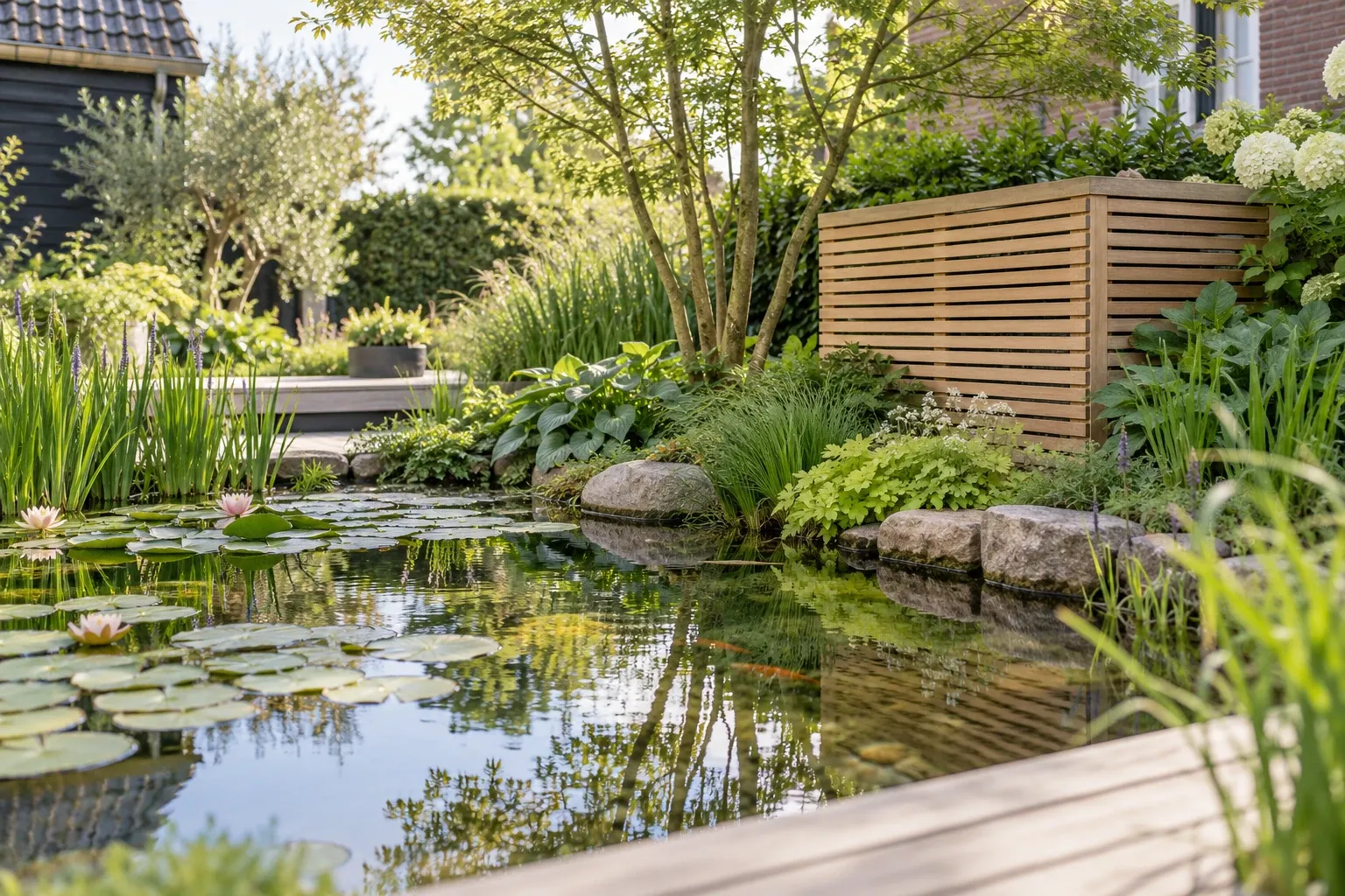 Tuinvijver met lelies, oeverplanten, ronde keien en houten omkasting voor filter