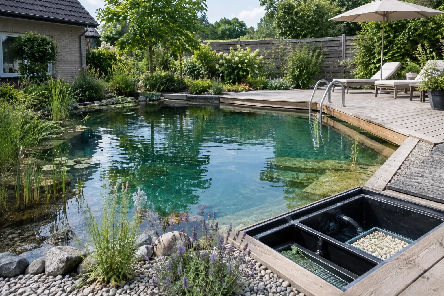 Natuurlijke zwemvijver met houten terras, traptrede, filtratiebak en ligstoelen